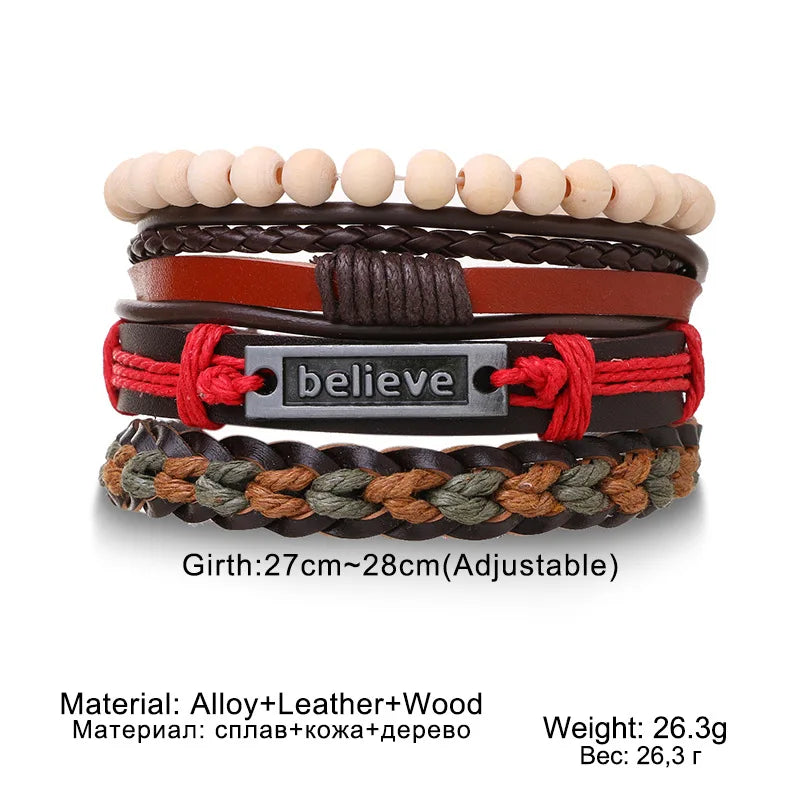 Bracelet Homme Luxe – Set de 4 Bracelets Tressés en Cuir (Style Ethnique Tribal)