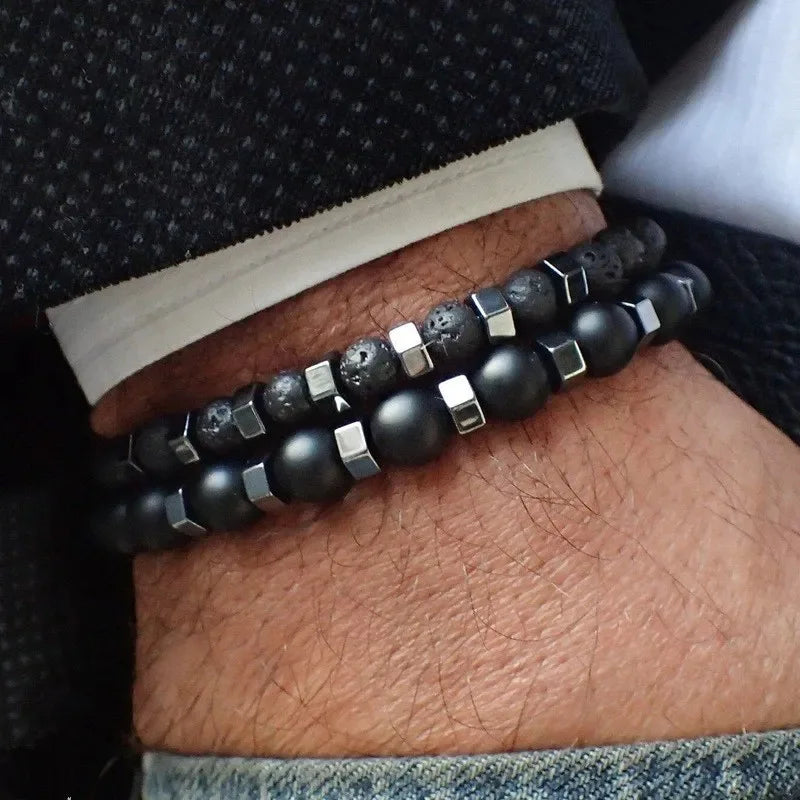 Bracelets Homme – Pierre Volcanique & Perles Noires Givrées | Double Couche