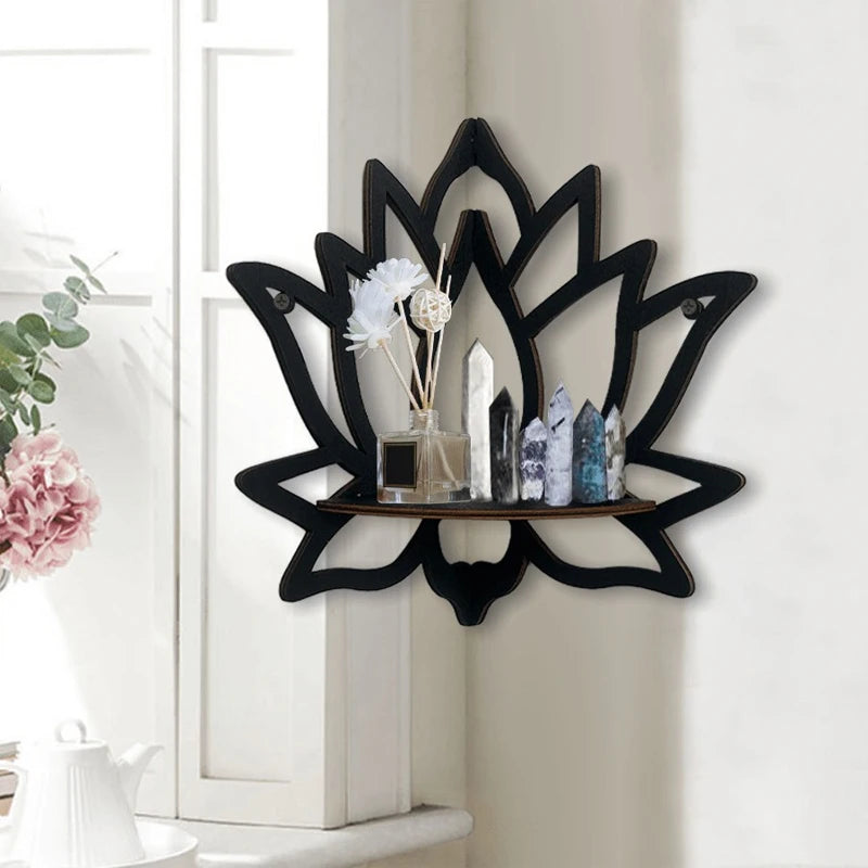 Étagère Murale Lotus en Bois – Support Décoratif & Porte-Aromathérapie