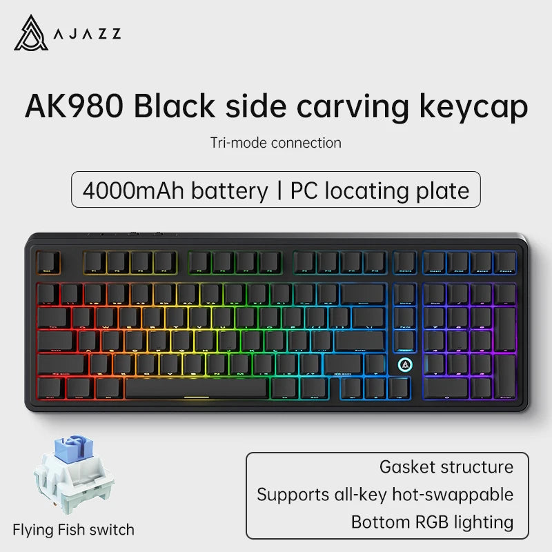 Clavier Mécanique Gamer Ajazz AK980 – Écran Couleur, RGB, Bluetooth & Sans Fil (98 Touches)