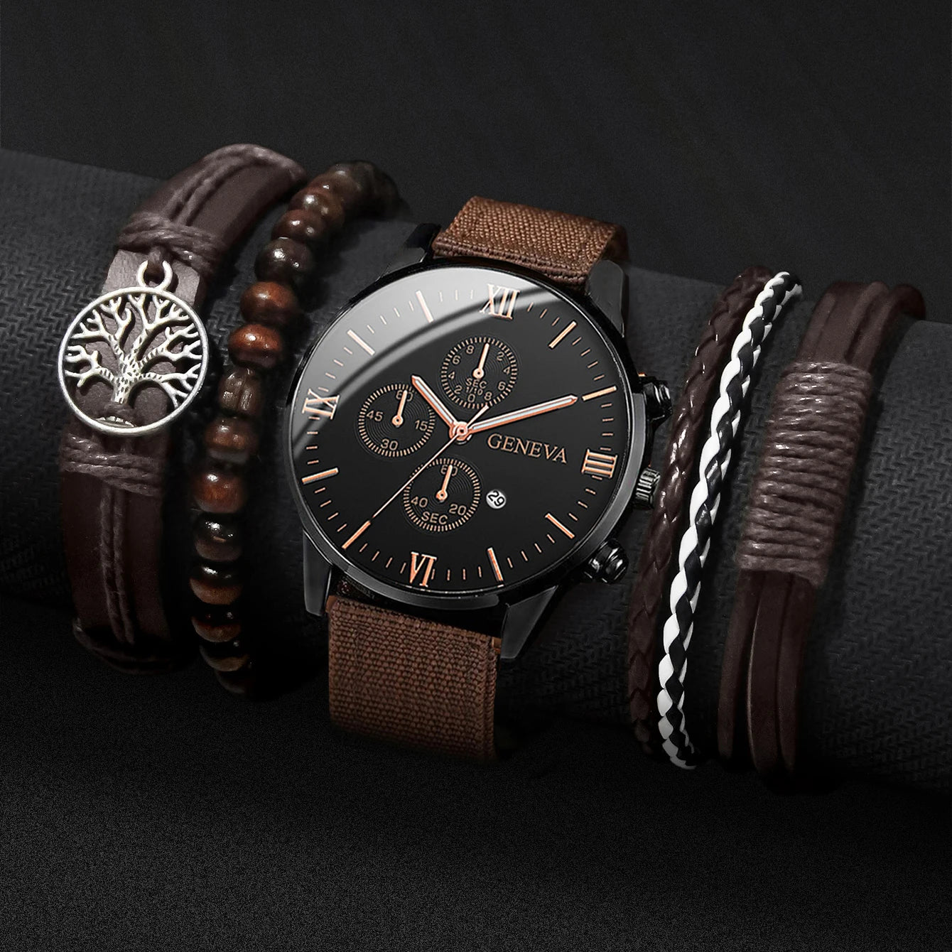Montre Quartz Homme + Bracelets – Nylon / Cuir – Set 4 ou 5 pièces (Sans Boîte)