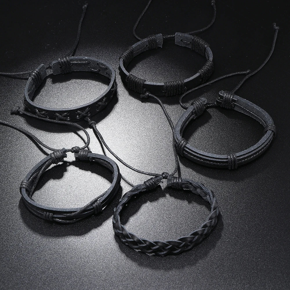 5 Bracelets Tressés en Cuir Noir – Style Punk Rock pour Hommes