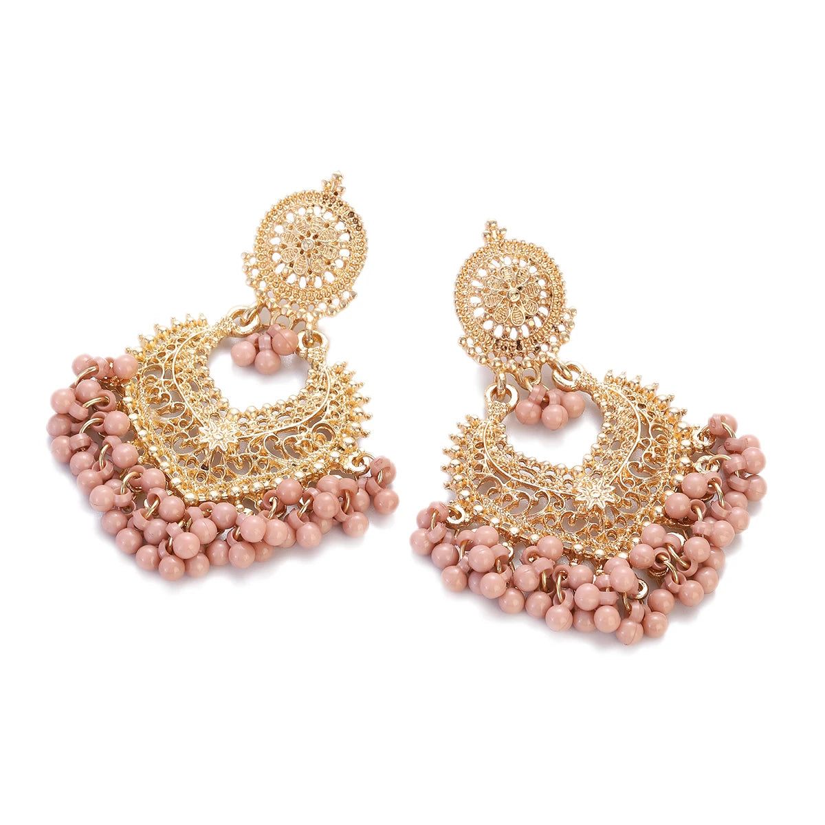 Boucles d’Oreilles Boho Cœur Doré – Fleur Sculptée & Perles – Style Jhumka Indien