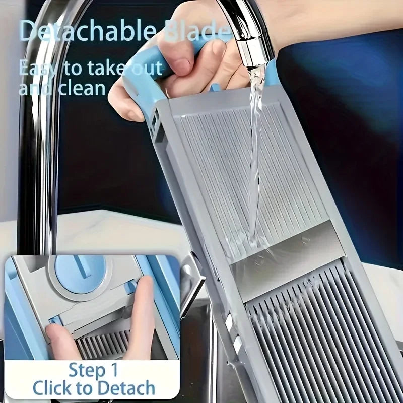 Trancheuse à Légumes Sécurisée 4-en-1 – Julienne & Coupe Réglable (Bleu Ciel)