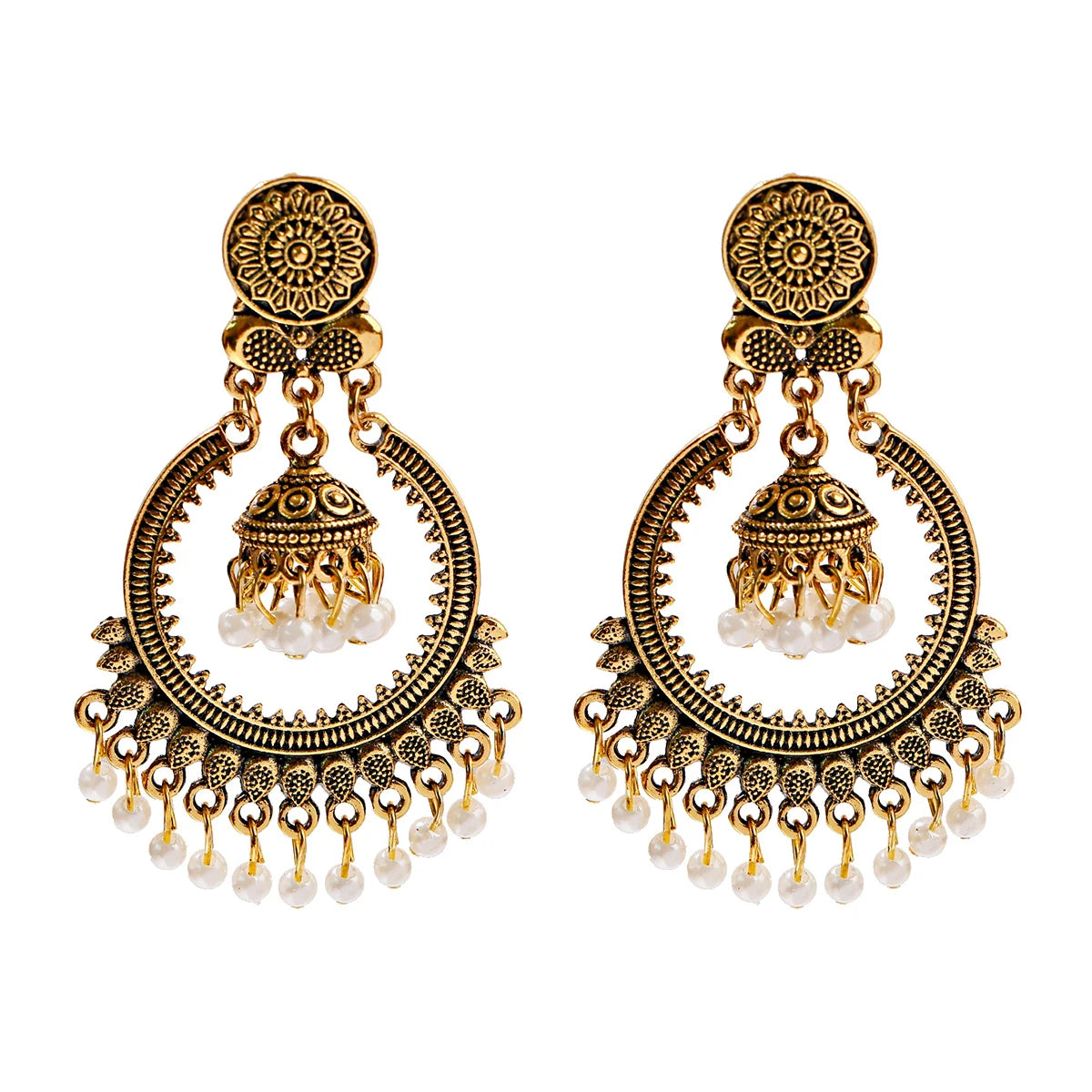 Boucles d’Oreilles Jhumka Indiennes – Cœur Doré, Perles & Pompon – Style Vintage Éthnique