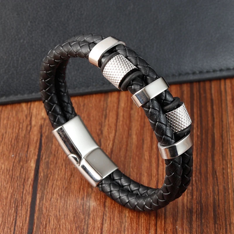 Bracelet Cuir Tressé & Acier – Fermoir Magnétique Homme