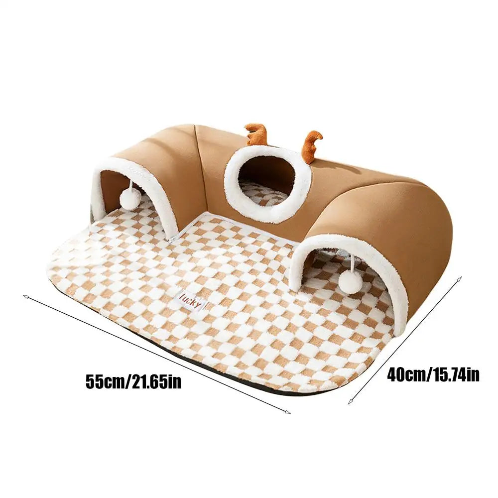 Tente-tunnel cosy 2-en-1 pour chat — couchage et jeu
