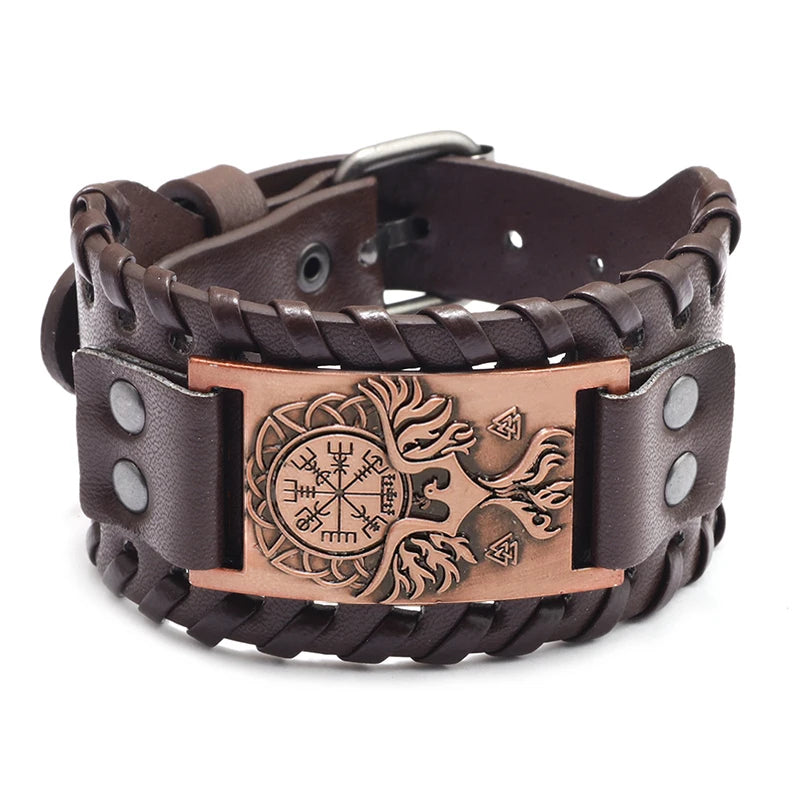 Bracelet Viking Homme – Cuir Tressé & Rune Nordique | Boussole & Dieu Oiseau
