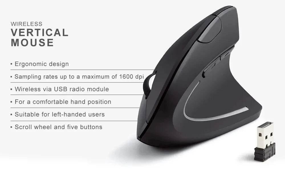 Souris Verticale Ergonomique Sans Fil – 2.4GHz, 6 Boutons, DPI Réglable