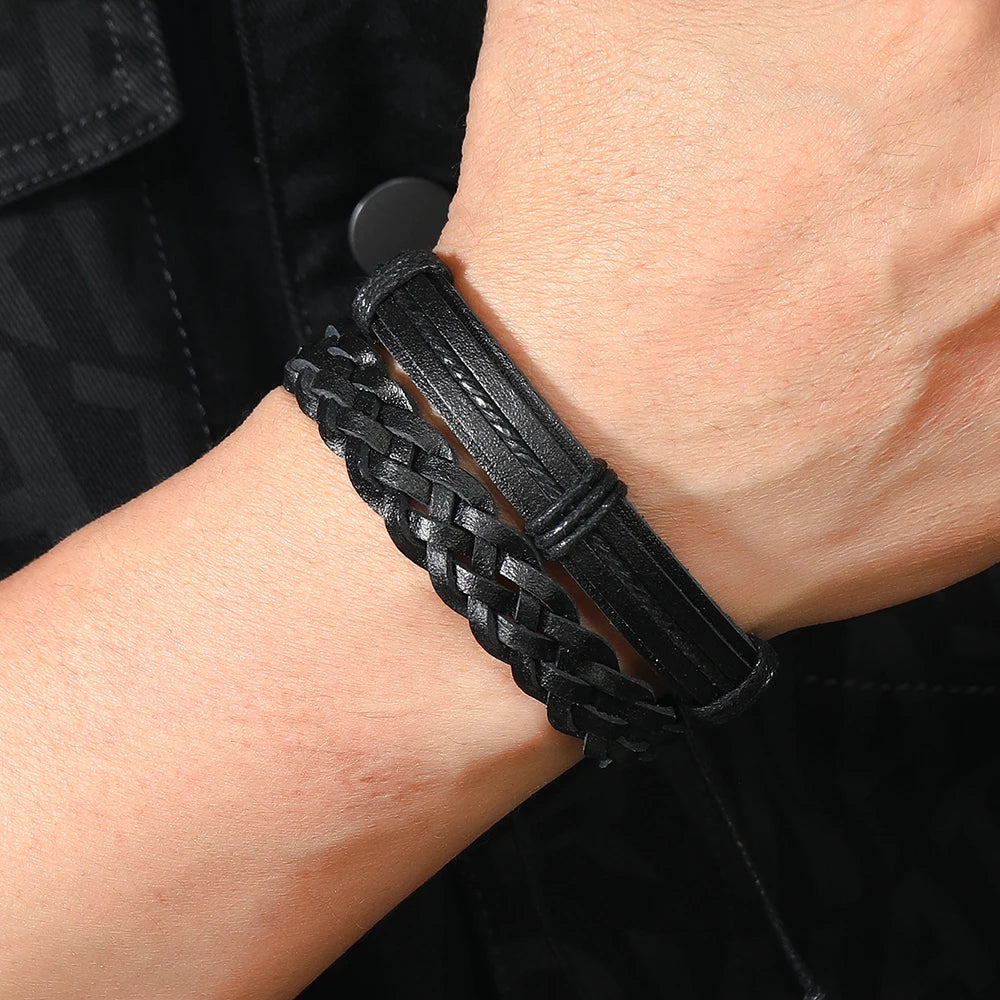 5 Bracelets Tressés en Cuir Noir – Style Punk Rock pour Hommes