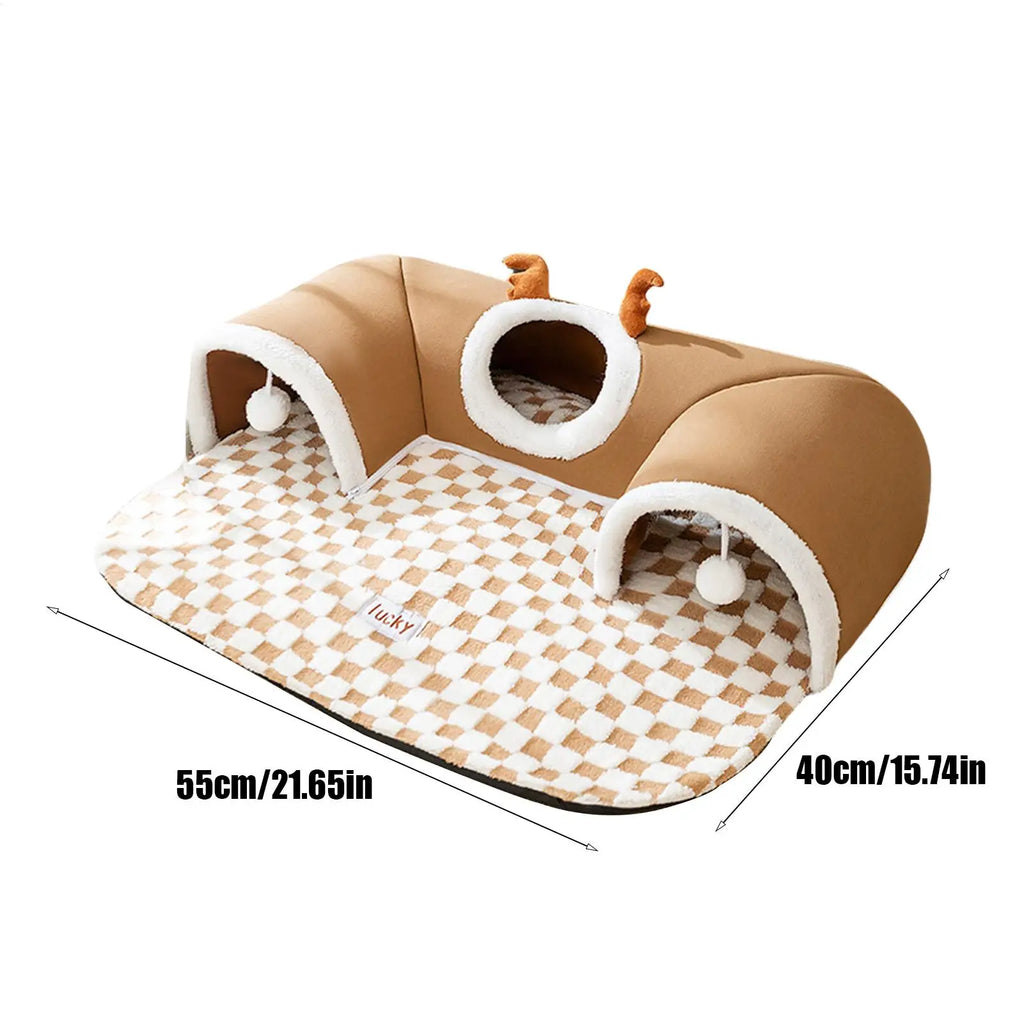 Tente-tunnel cosy 2-en-1 pour chat — couchage et jeu