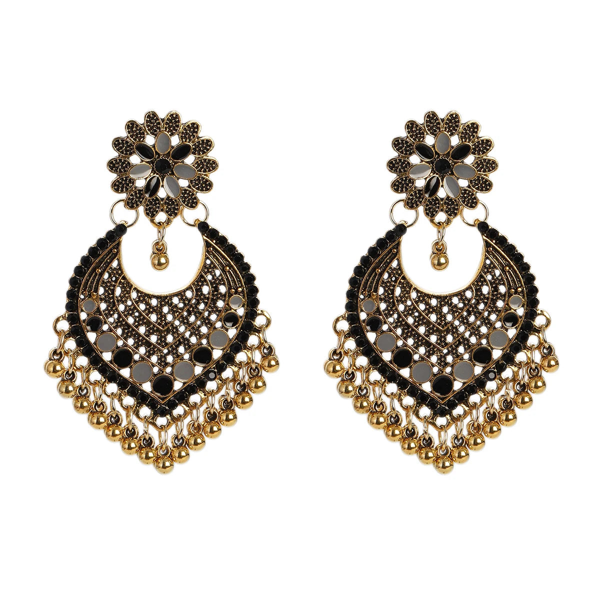 Boucles d’Oreilles Jhumka Indiennes – Cœur Doré, Perles & Pompon – Style Vintage Éthnique