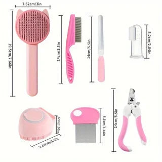 Kit de toilettage 8 pièces pour chat — brosses, coupe-griffes, peigne anti-puces