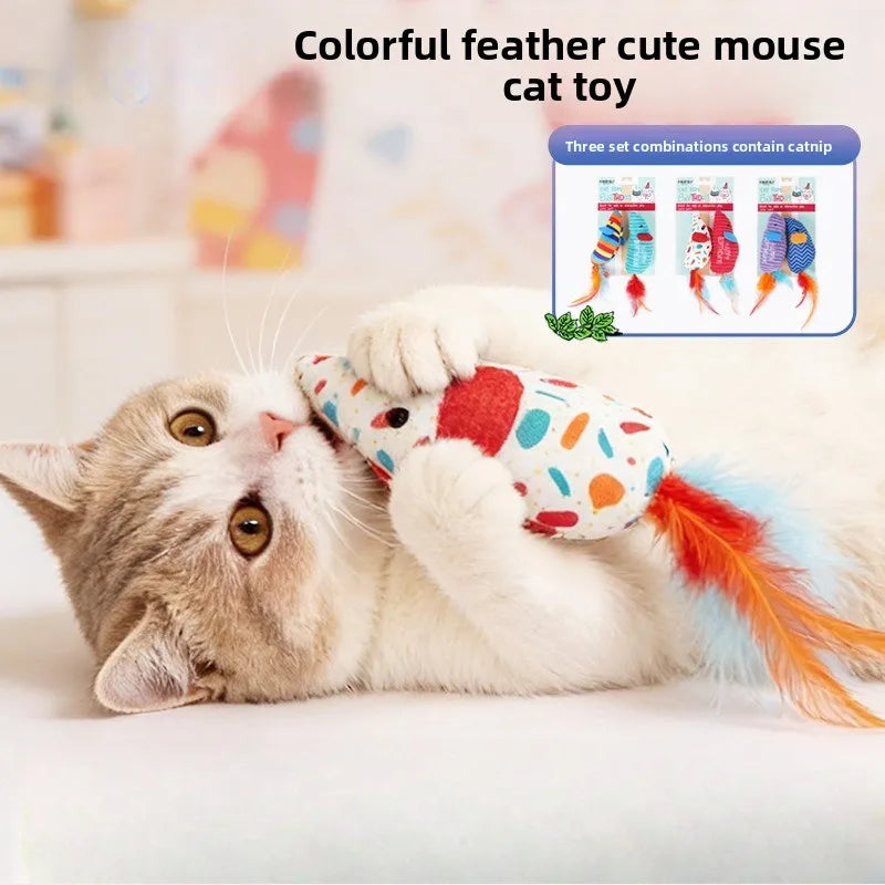 Lot de 2 souris à plumes pour chat — jouets teaser à la cataire