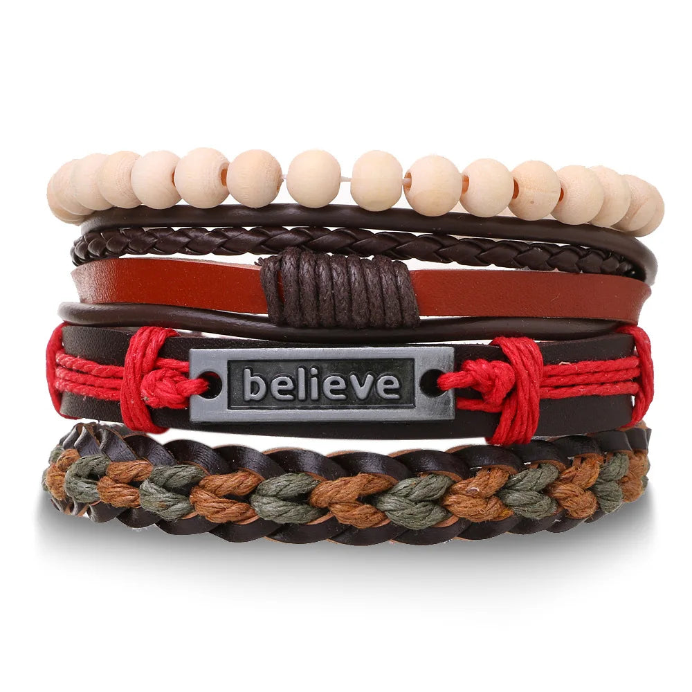 Bracelet Homme Luxe – Set de 4 Bracelets Tressés en Cuir (Style Ethnique Tribal)