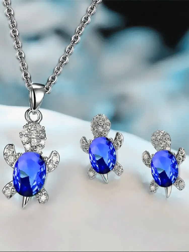 Collier & Boucles d’Oreilles Tortue – Plaqué Argent – Strass Multicolores – Parure Élégante 3 Pièces