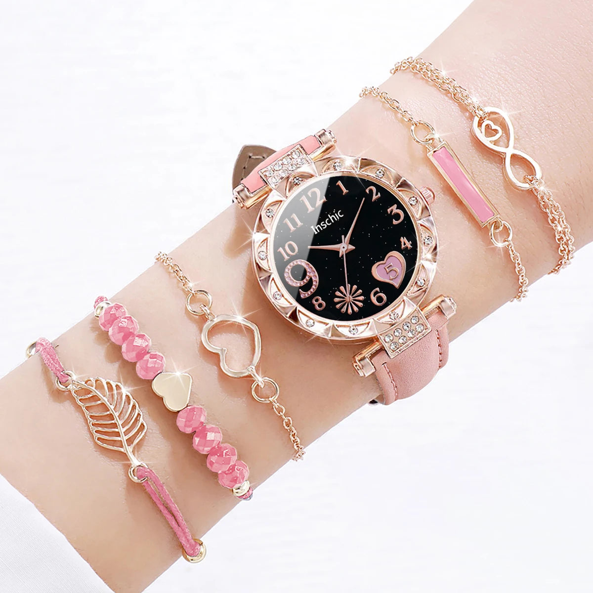 Montre Femme Cœur – Ensemble 6 Pièces Bracelet + Montre (Sans Boîte)