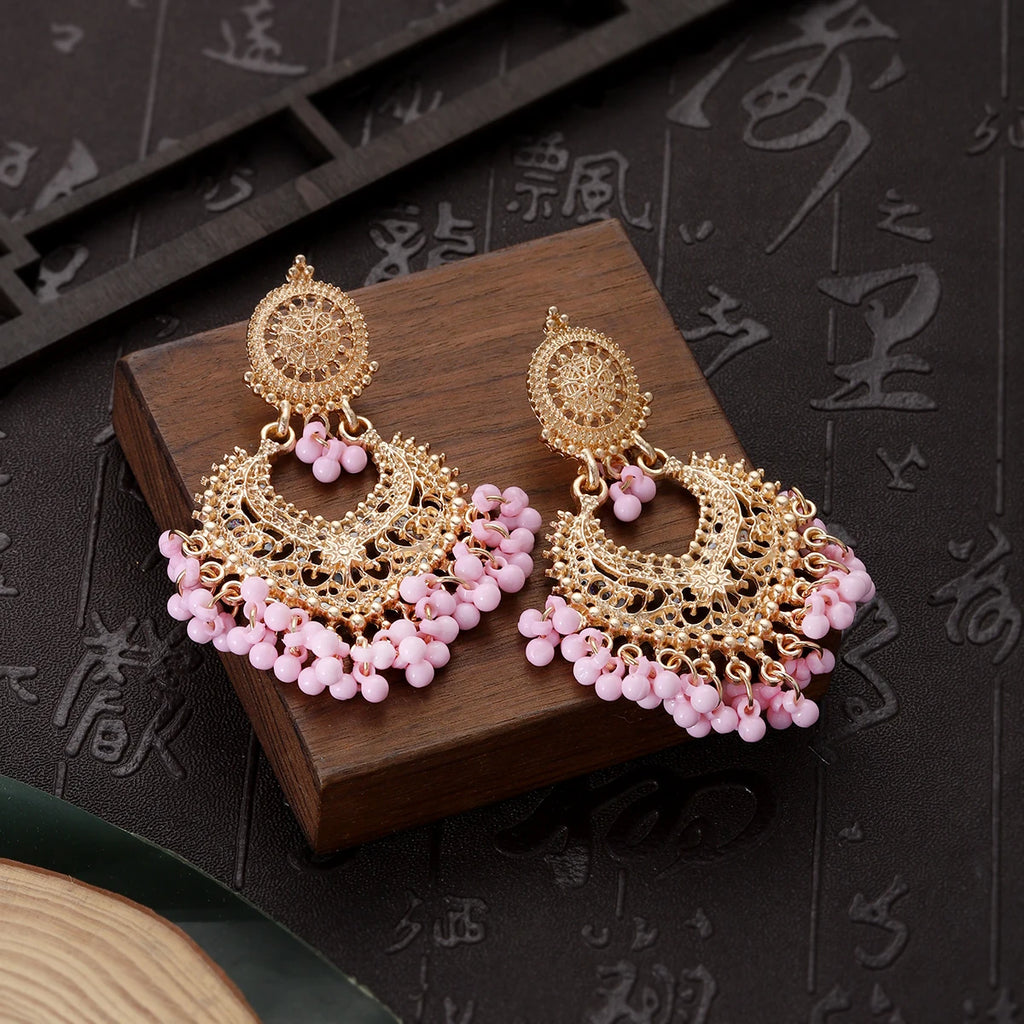 Boucles d’Oreilles Ethniques Cœur & Gland – Plaqué Or Style Bohème