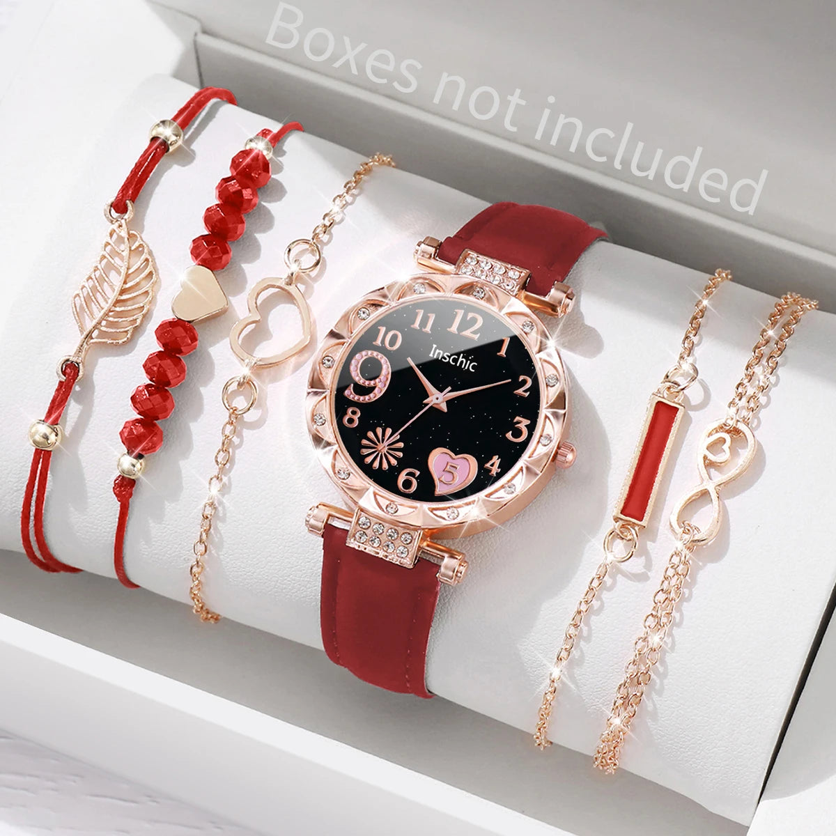 Montre Femme Cœur – Ensemble 6 Pièces Bracelet + Montre (Sans Boîte)