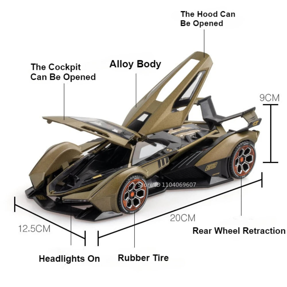 Supercar V12 GT – Modèle 1:22 en Alliage | Son & Lumière | Portes Rétractables