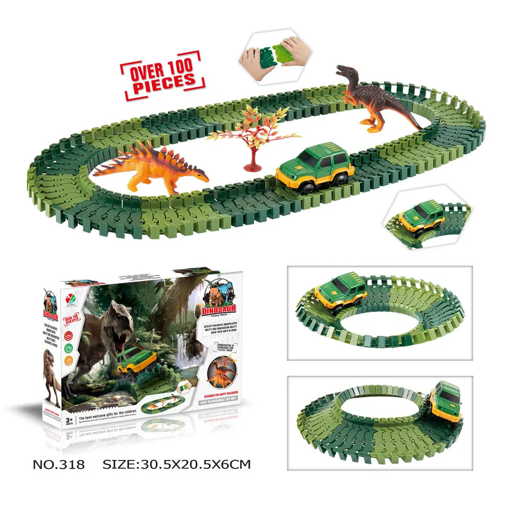 Piste de Course Dinosaure Flexible – Voiture Flash / Sans Lumière – Jouet Éducatif Enfants