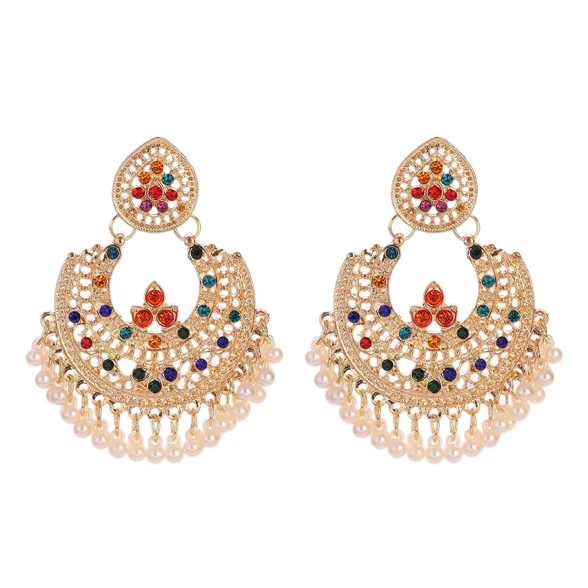 Boucles d’Oreilles Jhumka Indiennes – Cœur Doré, Perles & Pompon – Style Vintage Éthnique