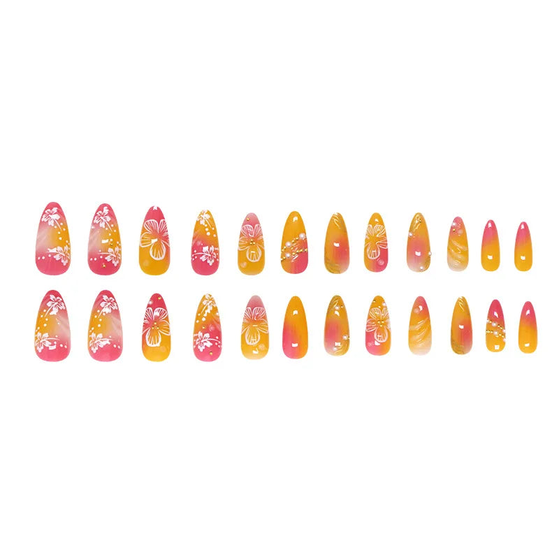Set de 24 Faux Ongles Fleur Blanche  – Dégradé Pastel Rose & Jaune Chic