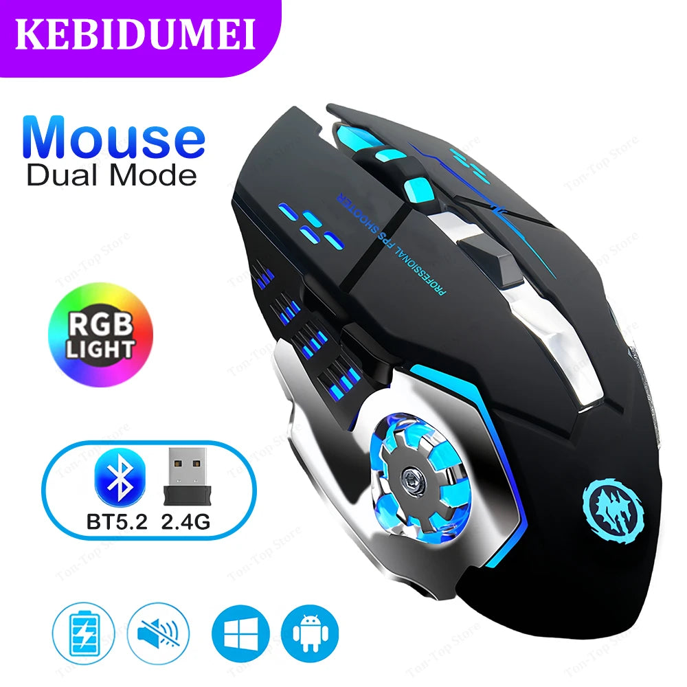Souris Gaming Sans Fil RGB – Bluetooth 5.2 & 2.4G, Silencieuse, 3600 DPI
