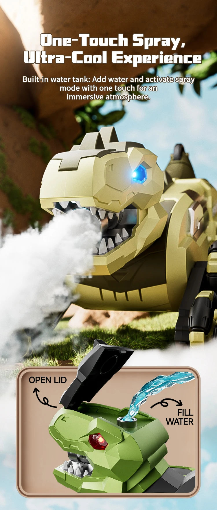 Dinosaure Y12 – 8WD, Bras Articulés, Dérive & Vapeur Brume