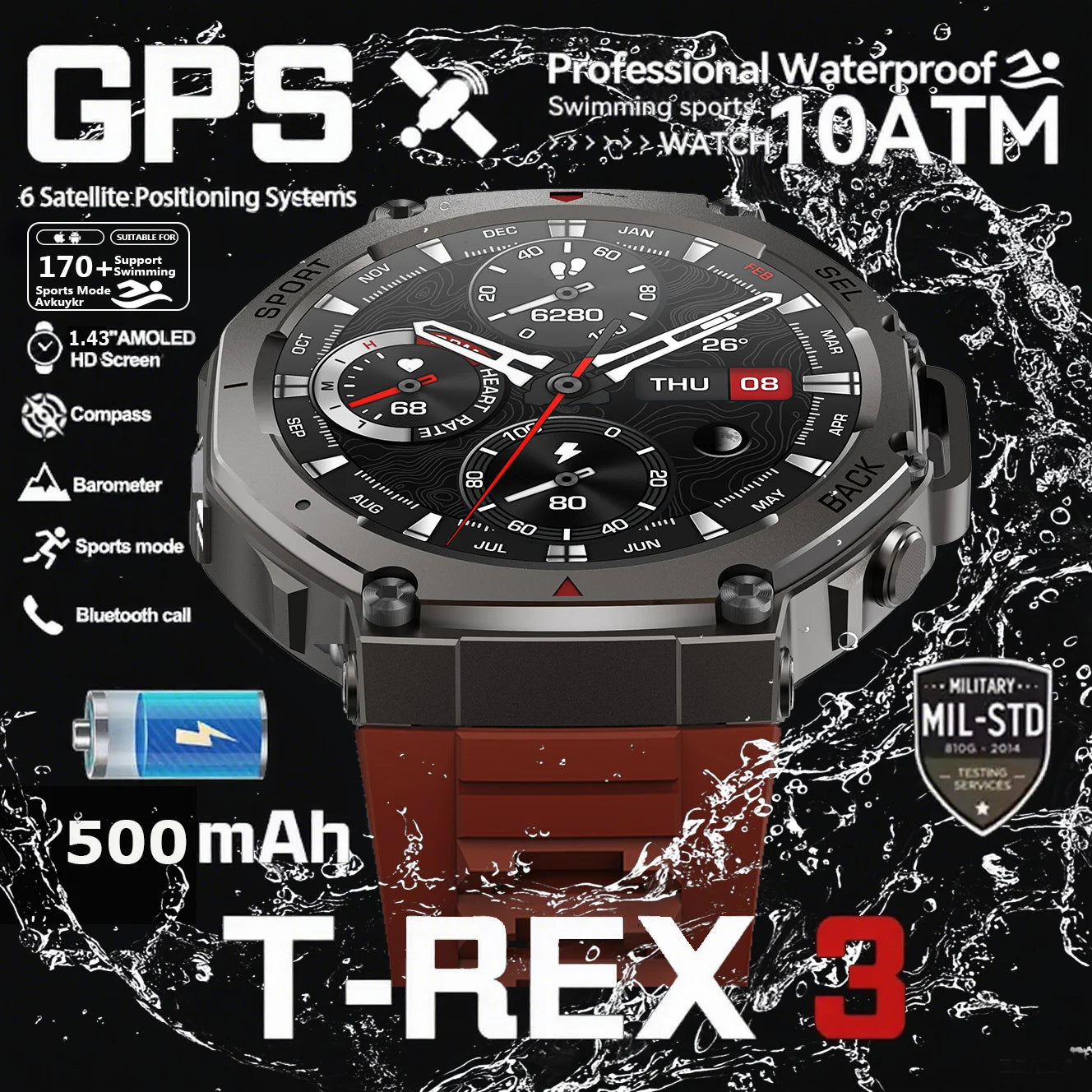 Montre Intelligente Militaire GPS T-Rex 3 Pro – Double Bande, 10 ATM, AMOLED (48 mm)
