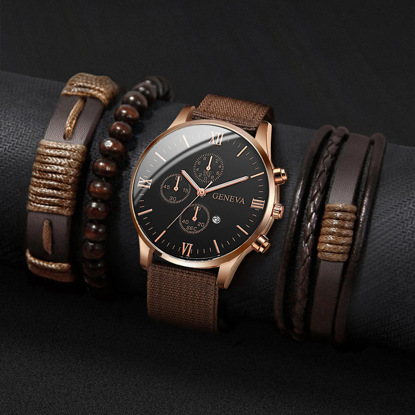 Montre Quartz Homme + Bracelets – Nylon / Cuir – Set 4 ou 5 pièces (Sans Boîte)