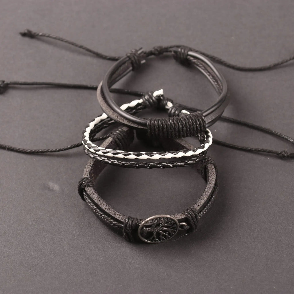 Bracelets Homme – Ensemble 4 Pièces Arbre de Vie | Cuir Tressé & Perles Bois