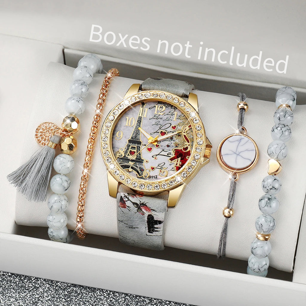 Ensemble Montres & Bracelets Strass – Fleurs & Cuir – Femme (3 / 4 / 5 pièces)