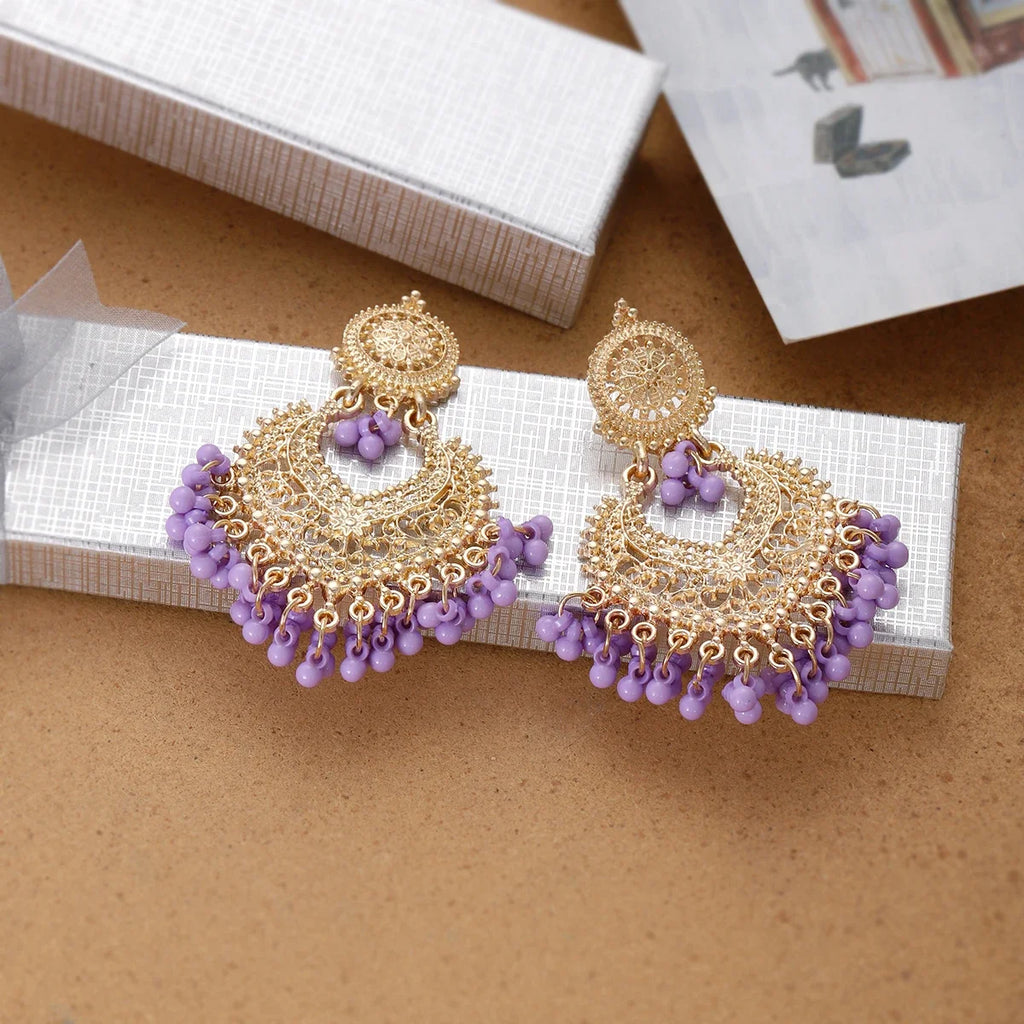 Boucles d’Oreilles Ethniques Cœur & Gland – Plaqué Or Style Bohème