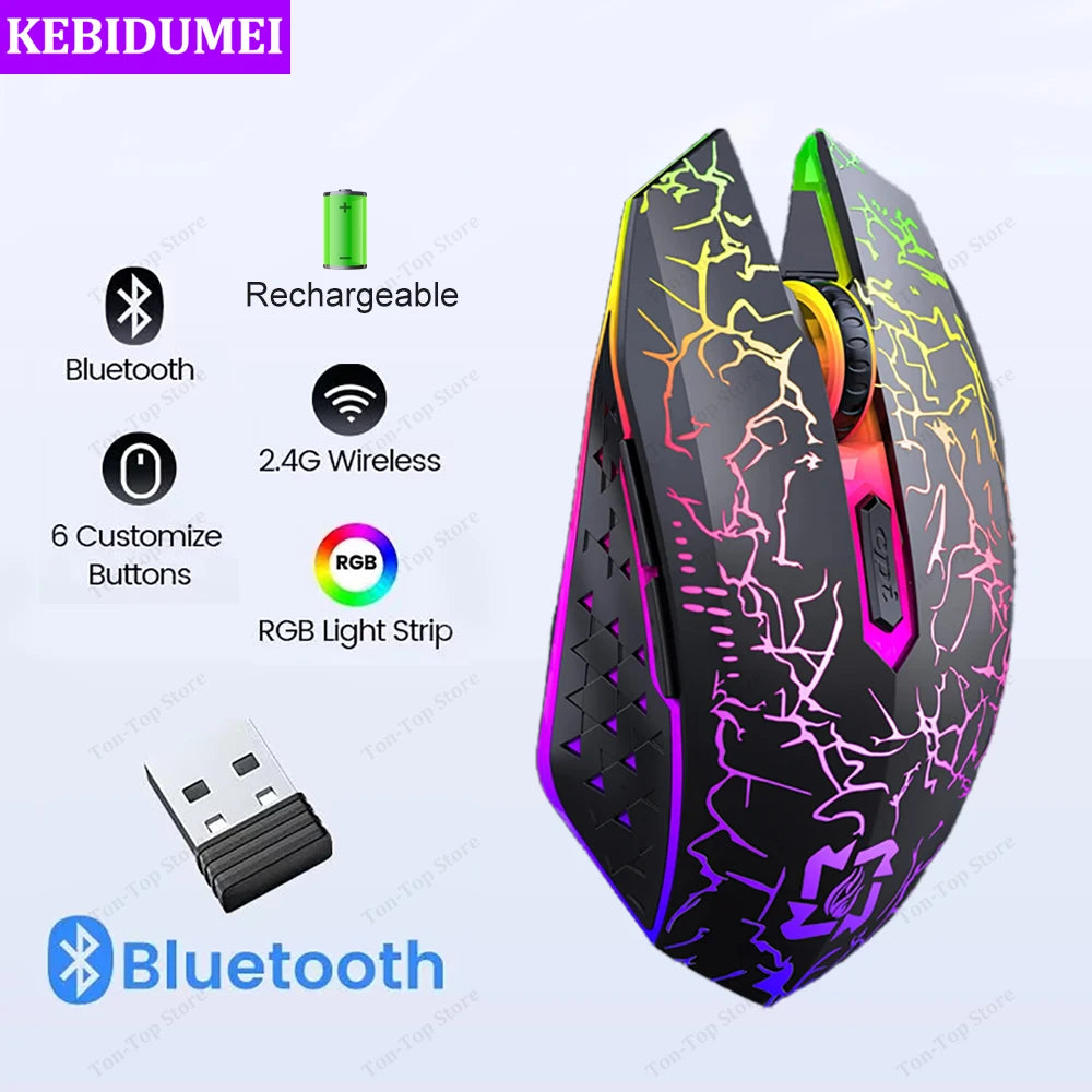 Souris de Jeu Sans Fil Ergonomique RGB – Bluetooth & 2.4G, Rechargeable (6 Boutons)