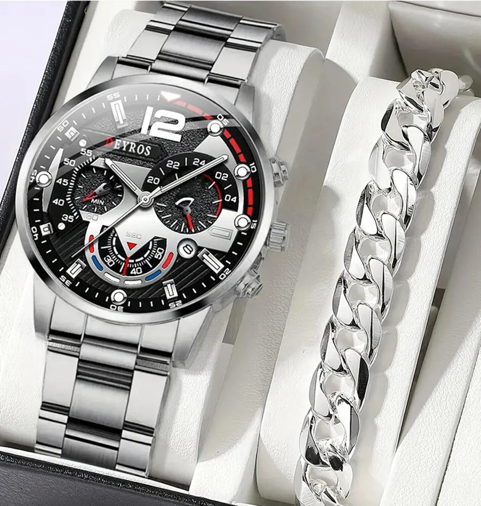Montre Homme Quartz Luxe – Bracelet Acier Inoxydable (2 Pièces)
