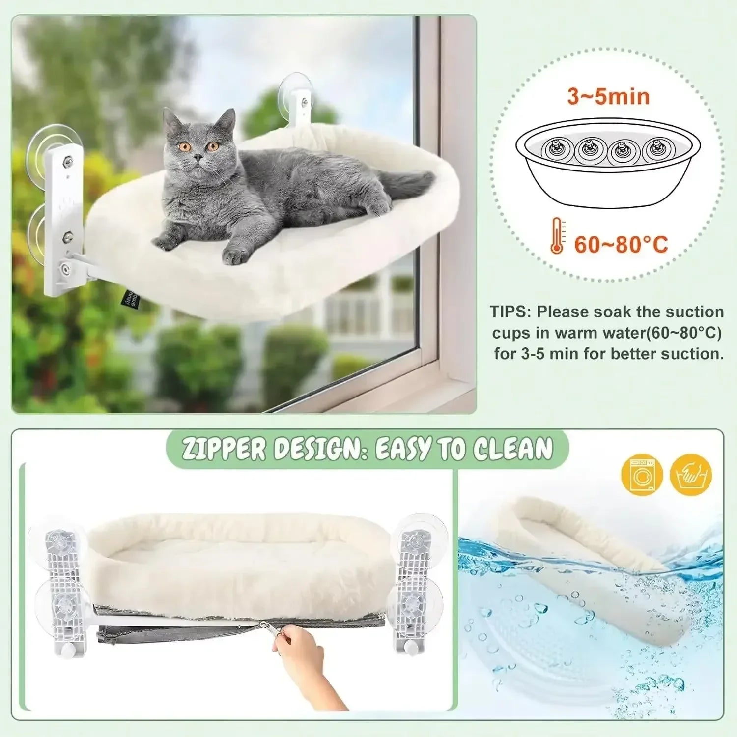 Hamac de fenêtre chaud pour chat — ventouses, nid d'hiver