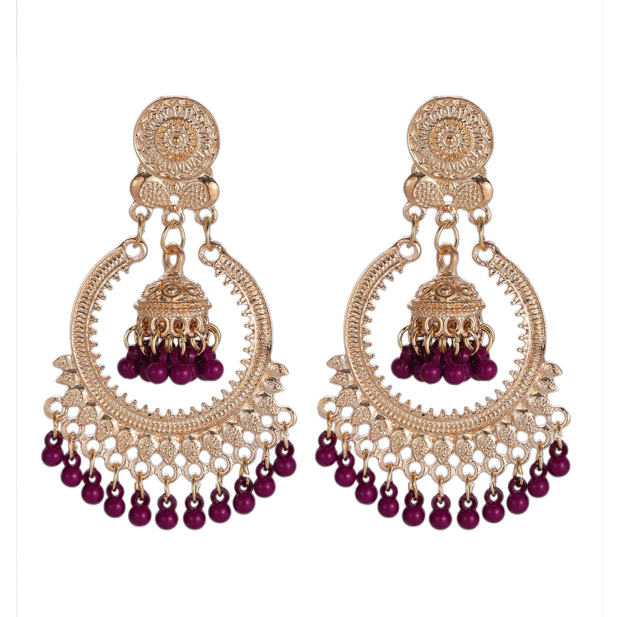 Boucles d’Oreilles Jhumka Rondes Dorées – Vintage Bohème à Fleurs & Pompons de Perles