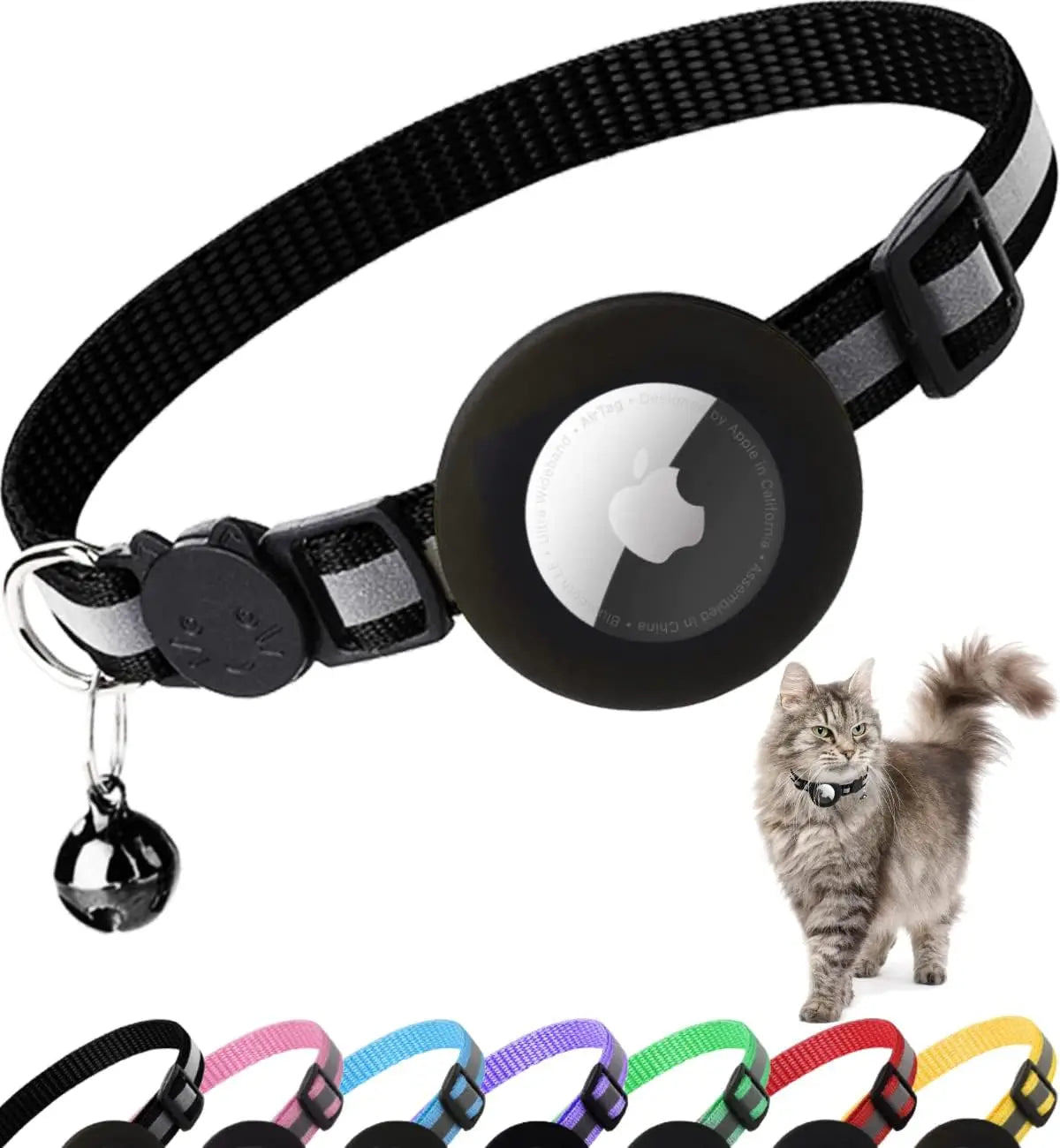 Collier de sécurité pour chat avec grelot — réfléchissant, support AirTag