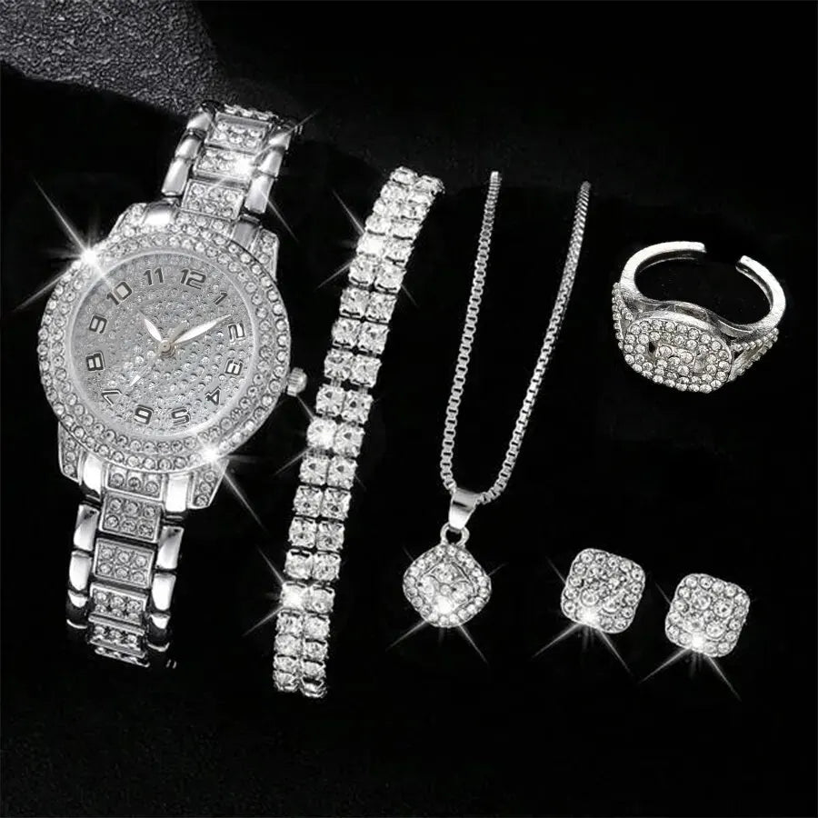 Montres Femme Luxe – Set Élégant 6 Pièces (Quartz • Cristal • Alliage)