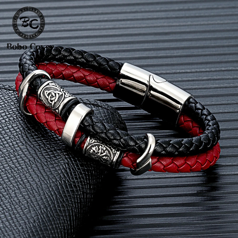 Bracelet Viking Cuir & Acier – Boussole Nordique & Runes