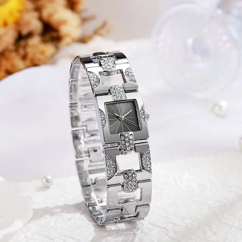 Montre Femme Luxe Quartz – Cadran Carré Diamant (Sans Boîte)