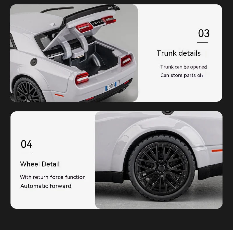 Dodge Challenger Hellcat – Modèle 1:32 en Alliage | Son & Lumière | Pull-Back