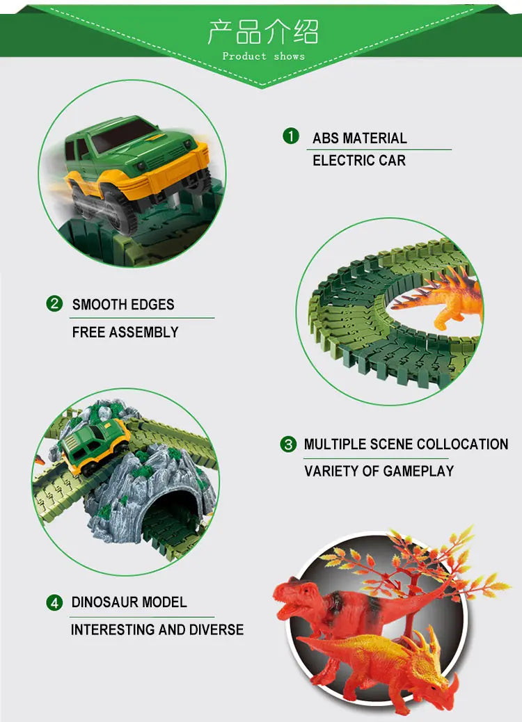 Piste de Course Dinosaure Flexible – Voiture Flash / Sans Lumière – Jouet Éducatif Enfants