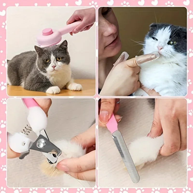 Kit de toilettage 8 pièces pour chat — brosses, coupe-griffes, peigne anti-puces