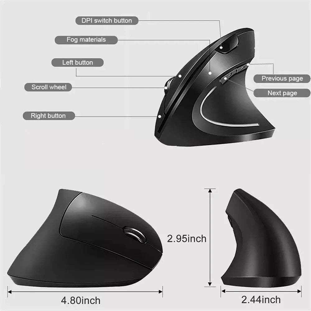 Souris Verticale Ergonomique Sans Fil – 2.4GHz, 6 Boutons, DPI Réglable