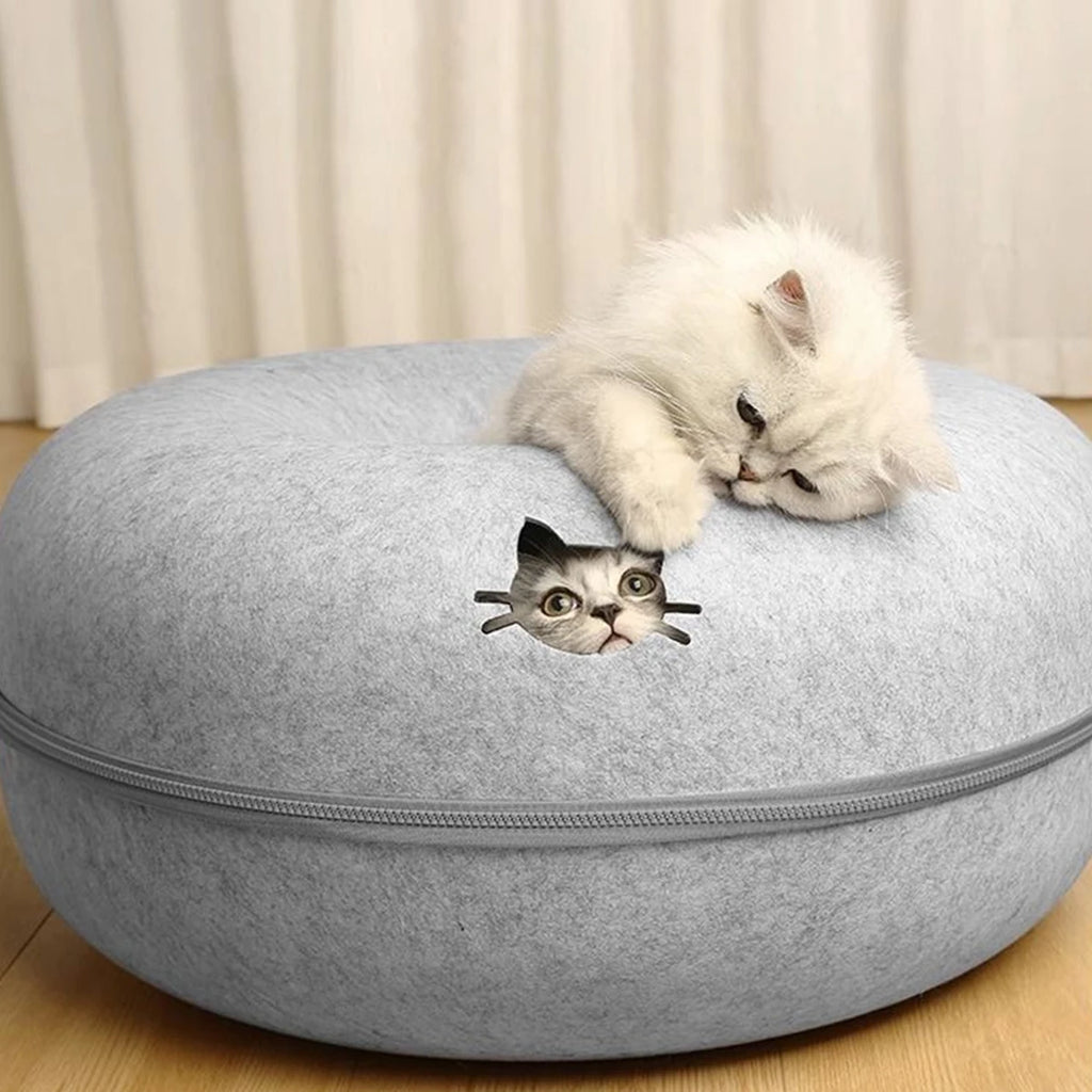 Lit en feutre 2-en-1 avec tunnel pour chat — cachette de jeu