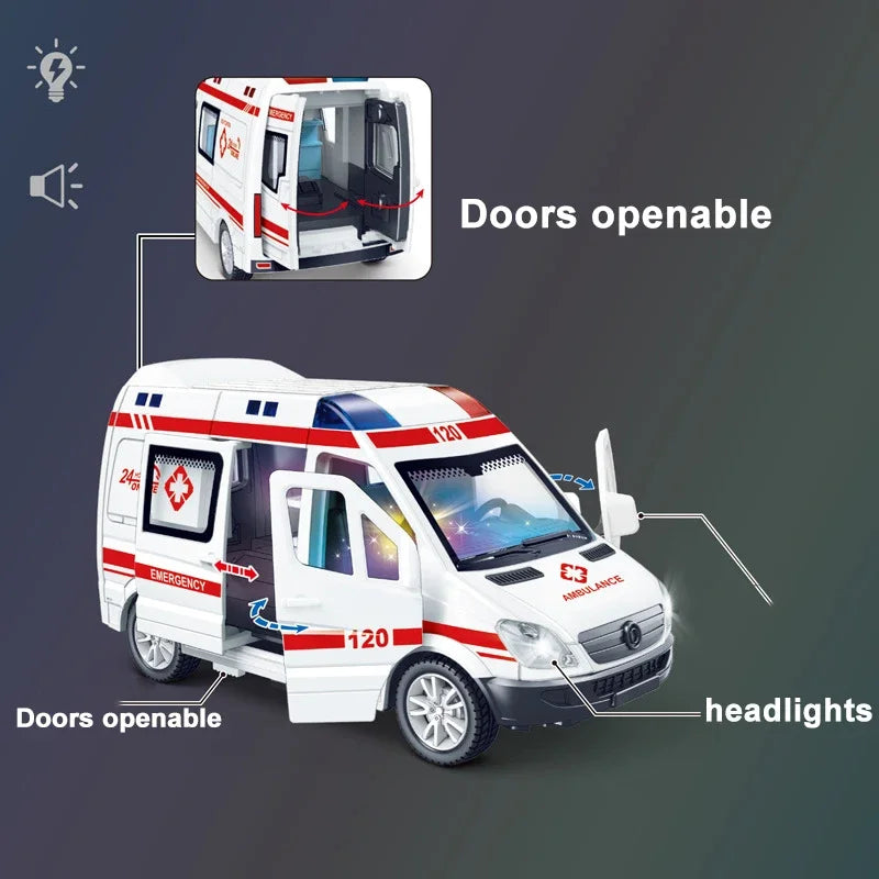 Mini Véhicule d’Urgence 1:32 en Alliage – Ambulance / Police (Son & Lumière)