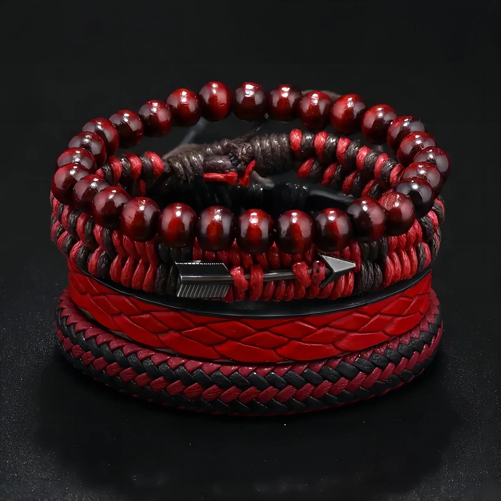 Bracelet Vintage Homme – Cuir Tressé & Perles Bois | Flèche de Cupidon
