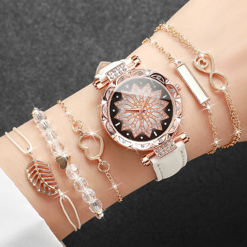 Montre Femme Cœur – Ensemble 6 Pièces Bracelet + Montre (Sans Boîte)
